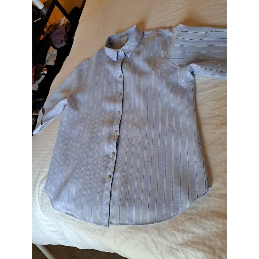 Chico's  Linen Buttondown Shirt Size 8 Light Blue Vertical Stripes Excellent...